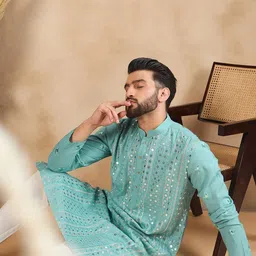 House of Pataudi Embellished Mandarin Collar Straight Kurta-57