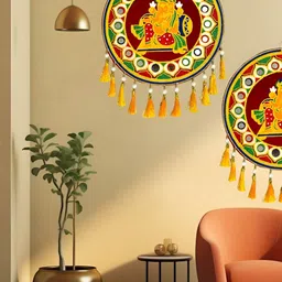 TORNORY 2-Pcs Yellow & Brown Embroidered Round Ganesha Hangings-25
