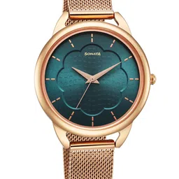 Sonata Women Brass Dial & Stainless Steel Bracelet Style Straps Analogue Watch 87051WM01-28