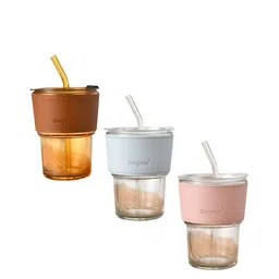 WELOUR Brown & Pink 3 Pieces Glass Mugs With Straw-13