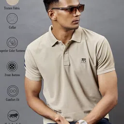 3bros Men Solid Polo Neck Cotton Blend Beige T-Shirt-picture-3