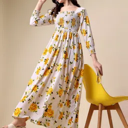 sheetal associates Women Fit and Flare Yellow, White, Green Maxi/Full Length Dress-picture-23