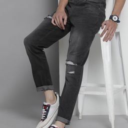 The Indian Garage Co Men Black Slim Fit Low Distress Light Fade Streachable Jeans-image-71