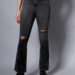 High Star Women Black Bootcut High-Rise Slash Knee Light Fade Stretchable Jeans-57