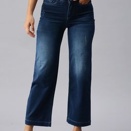 SHOWOFF Women Blue Wide Leg High-Rise Low Distress Light Fade Stretchable Jeans-image-19