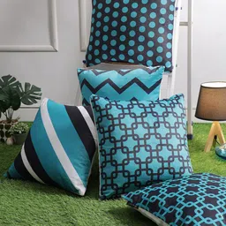 ROMEE Set Of 5 Blue & White Geometric Velvet Square Cushion Covers-47