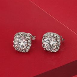 Carlton London Silver-Toned Rhodium-Plated CZ Studded Geometric Studs-image-75