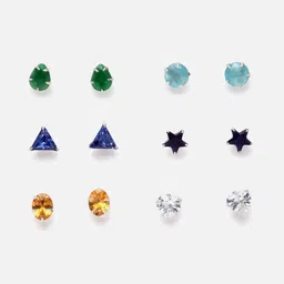 Aazeen Set of 6 Rhodium-Plated American Diamond Studded Geometric Studs Earrings-6
