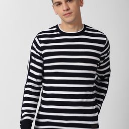 Peter England Casuals Men Black & White Striped Pullover-image-10