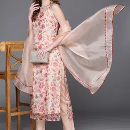 Inddus Women Off White Floral Printed Regular Kurta with Trousers & With Dupatta-image-66