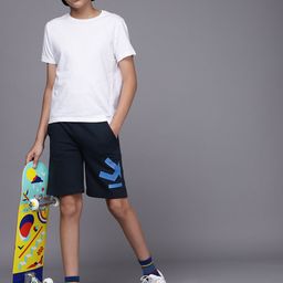 WROGN YOUTH Boys Navy Blue Solid Regular Fit Mid-Rise Shorts with Brand Logo Print Detail-image-56