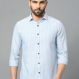 Mast & Harbour Blue Classic Slim Fit Striped Pure Cotton Casual Shirt-image-42