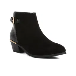London Rag Women Mid Top Textured Block Heel Cowboy Boots With Buckle Detail-10