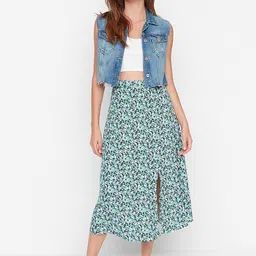 Trendyol Women Green & White Floral Printed A-Line Midi Skirt-picture-26