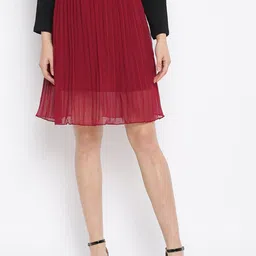 Mayra Women Red Solid Accordion Pleats Flared Skirt-image-93