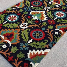 Safiya Carpet Navy Blue & Green Floral Woollen Traditional Carpet-26