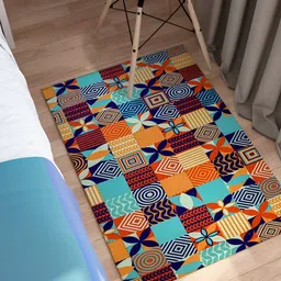 Rangoli Blue & Orange Floral Printed Anti-Skid Cotton Carpet-17
