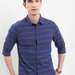 HIGHLANDER Navy Blue Striped Slim Fit Casual Shirt-image-48