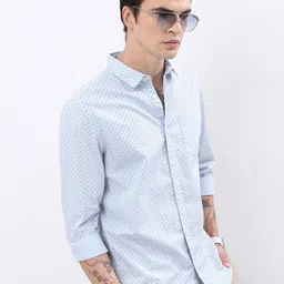 HIGHLANDER Blue Geometric Printed Slim Fit Cotton Casual Shirt-image-25