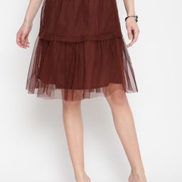AKIMIA Women Coffee Brown Solid Layered Knee Length Skirt-image-52