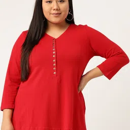 theRebelinme Women Red Plus Size Pure Cotton V-Neck T-shirt-21