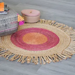 Art Avenue Beige & Pink Colourblocked Jute Round Carpet-image-87