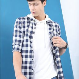 HIGHLANDER Men Navy Blue Slim Fit Checked Cotton Casual Shirt-image-49