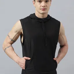 Fitkin Self Design Hooded Sleeveless Relaxed Fit Anti Odour Technology Sports T-shirt-image-32
