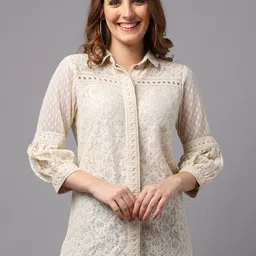 Tulsattva Women Beige Schiffli lace Shirt-image-5