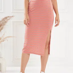 KASSUALLY Rust Striped Midi Straight Skirt-image-10