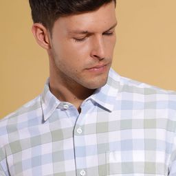 HERE&NOW White Slim Fit Grid Tattersall Checked Spread Collar Long Sleeves Cotton Shirt-image-18