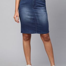 Chemistry Women Navy Blue Denim Solid Pencil Midi Skirts-image-50