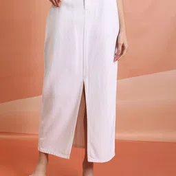 Tokyo Talkies White Pure Cotton Front Slit A-Line Midi Skirt-image-75
