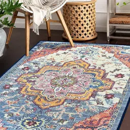 Status Yellow & Blue Ethnic Motifs Printed Anti-Skid Vintage Carpet-73