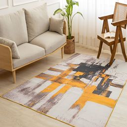 HOMEMONDE White & Yellow Abstract Printed Anti-Skid Rectangle Carpet-18