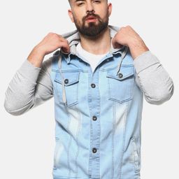 Campus Sutra Men Blue & Grey Washed Windcheater Outdoor Cotton Regular Fit Denim Jacket-36