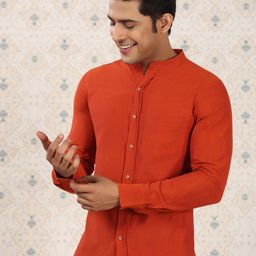 Ode by House of Pataudi Mandarin Collar Comfort Pure Cotton Casual Shirt-image-4