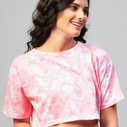 CHIMPAAANZEE Women Pink Tie & Dye Extended Sleeves  Loose Fit Crop T-shirt-image-44