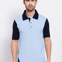 Kalt Men Navy Blue Colourblocked Polo Collar Pockets T-shirt-image-74