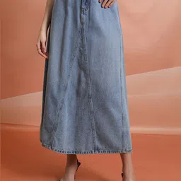 Tokyo Talkies Blue A-Line Pure Cotton Midi Skirt-image-96