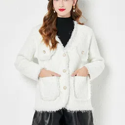 JC Collection Single-breasted Self Design Fur Detail V-Neck Overcoat-image-65