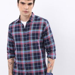 HIGHLANDER Navy Blue & Pink Tartan Checks Slim Fit Casual Shirt-image-14