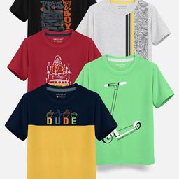 HELLCAT Boys Pack Of 5 Graphic Printed Cotton T-shirt-45