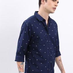 HIGHLANDER Navy Blue Conversational Printed Slim Fit Cotton Casual Shirt-image-2