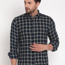 METTLE Men Olive Green & Navy Blue Opaque Checked Casual Shirt-picture-45