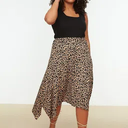 Trendyol Women Brown & Black Printed High Low Midi Skirt-image-52