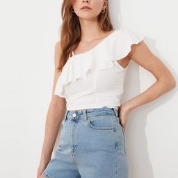 Trendyol Women Blue Solid Pure Cotton Denim Shorts-image-88