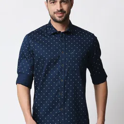 Basics Men Navy Blue & White Cotton Slim Fit Micro Geometric Print Casual Shirt-picture-21