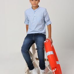 Nautica Boys Premium Self Design Band Collar Roll-Up Sleeves Cotton Casual Shirt-image-69