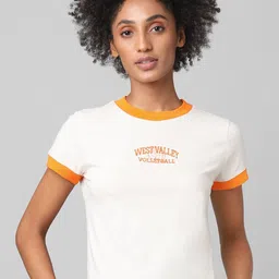 ONLY Women White & Orange Typography Printed Cotton T-shirt-picture-30